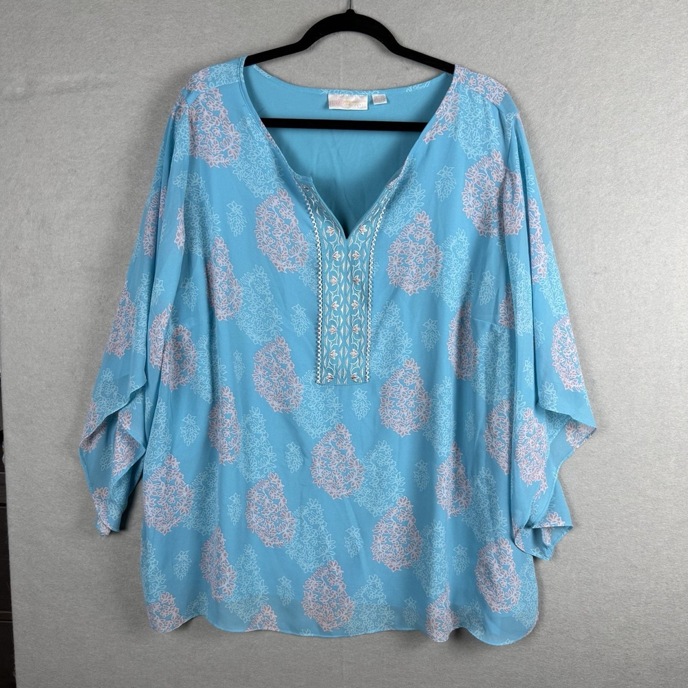 Belle By Kim Gravel Top Women 2X Light Blue Lightweight Sheer Embroidered Blouse